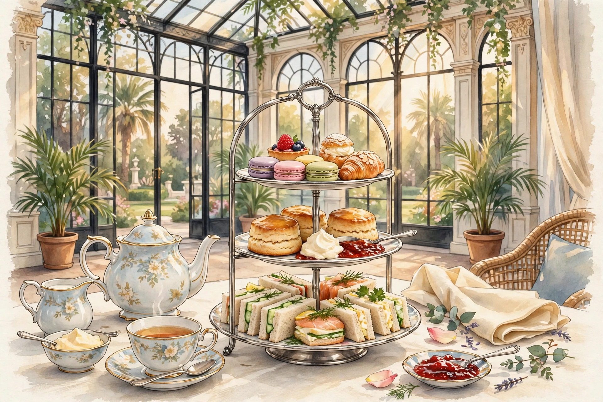 Illustration of a three-tiered afternoon tea stand with sandwiches, scones and pastries (illustrative artwork)